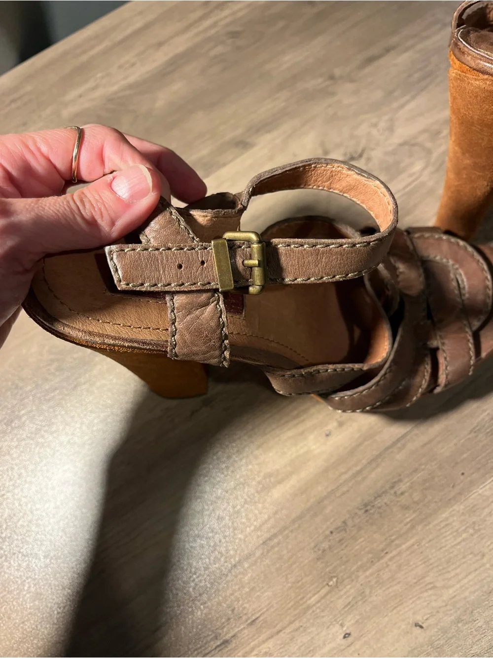 7 For All Mankind Brown Leather Strappy Platform Heels, size 8.5